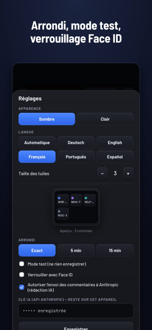 Arrondi, mode test, verrouillage Face ID